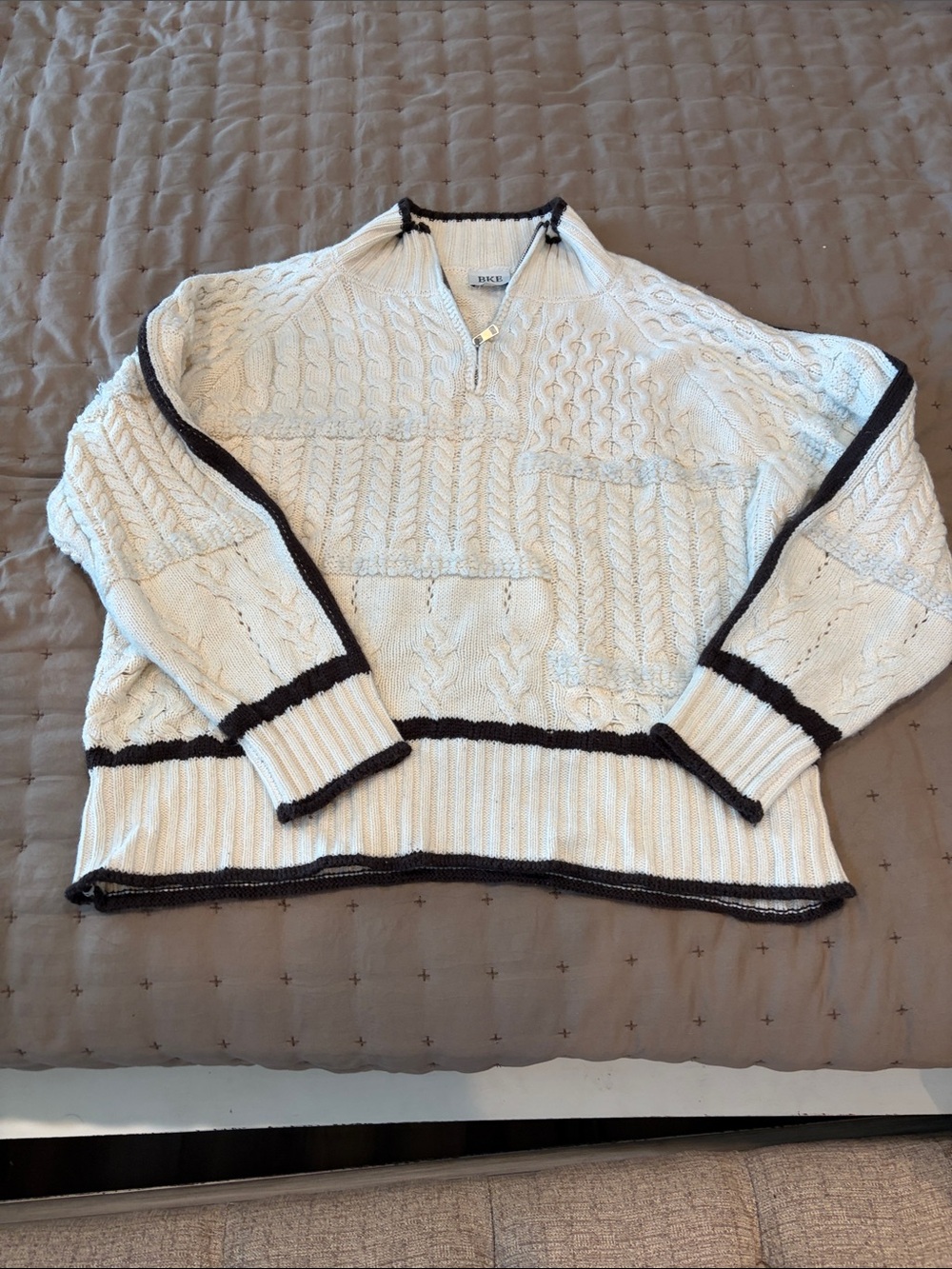BKE Cream Cable-Knit Quarter-Zip Sweater with Black Trim